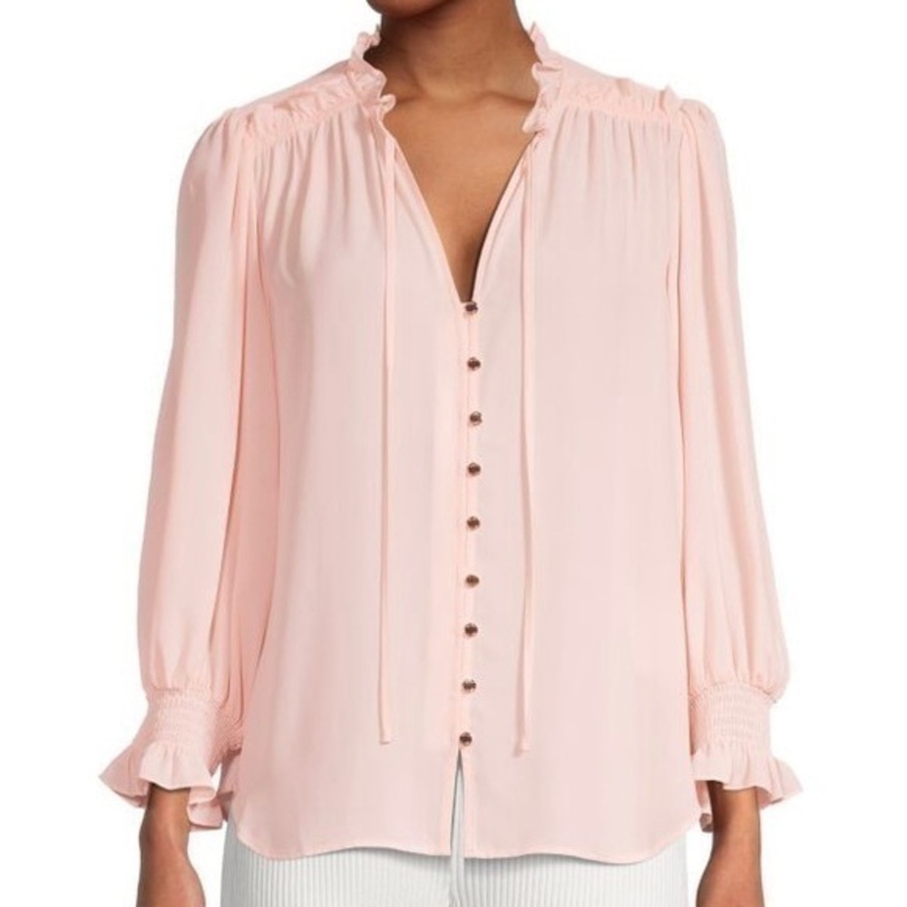 DKNY Women's Ruffled Tie-Neck Blouse in Peony Size XS